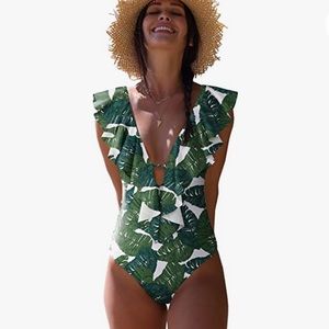 SPORLIKE Women One Piece Swimsuit V-Neck Ruffle Bathing Suit Padded Monokini
